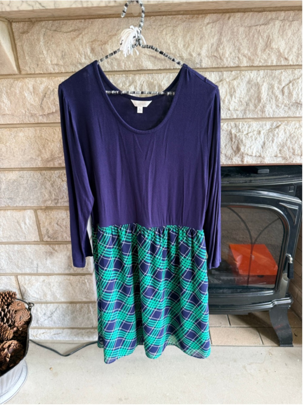 Women's Charming Charlie Long Sleeve Dress Size L Blue Green Plaid